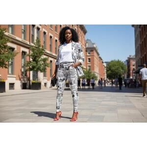 Black and White Newspaper Print Mid Sleeve Pant's Suit